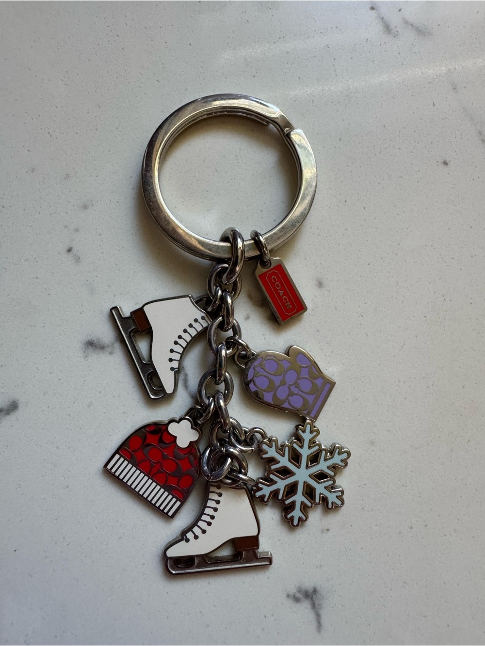 Coach Silver-Tone Winter Charm Keychain with Red, Purple & White Accents
